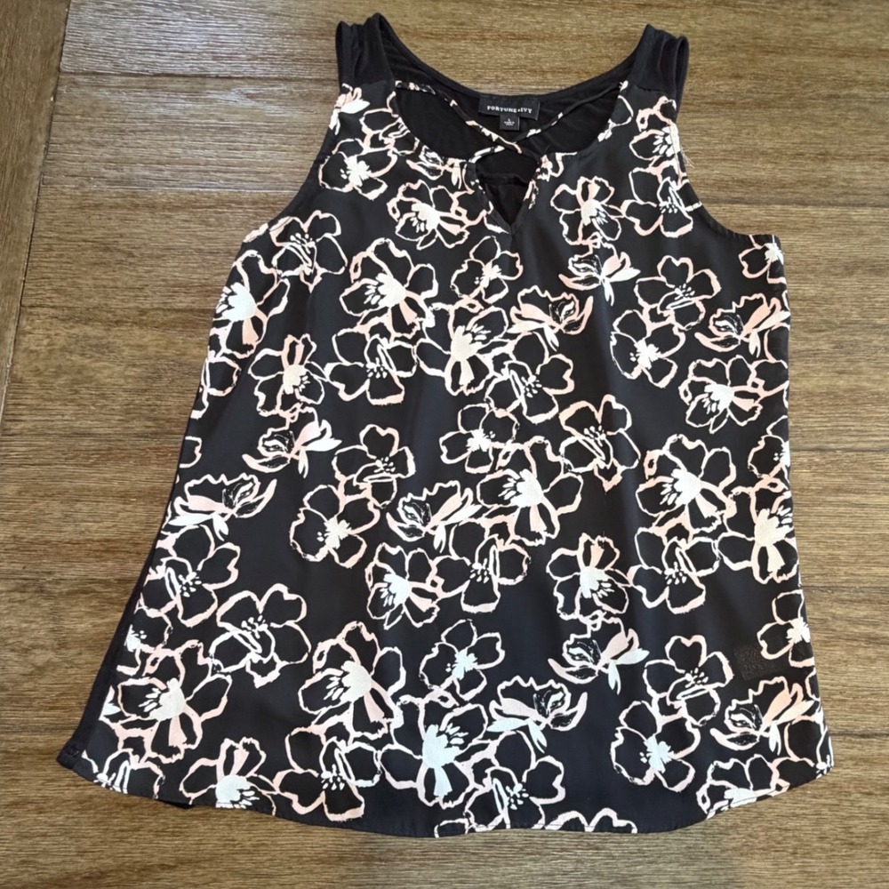 Fortune + Ivy Womens Black Pink Floral Sleeveless V-Neck Tank Top Large